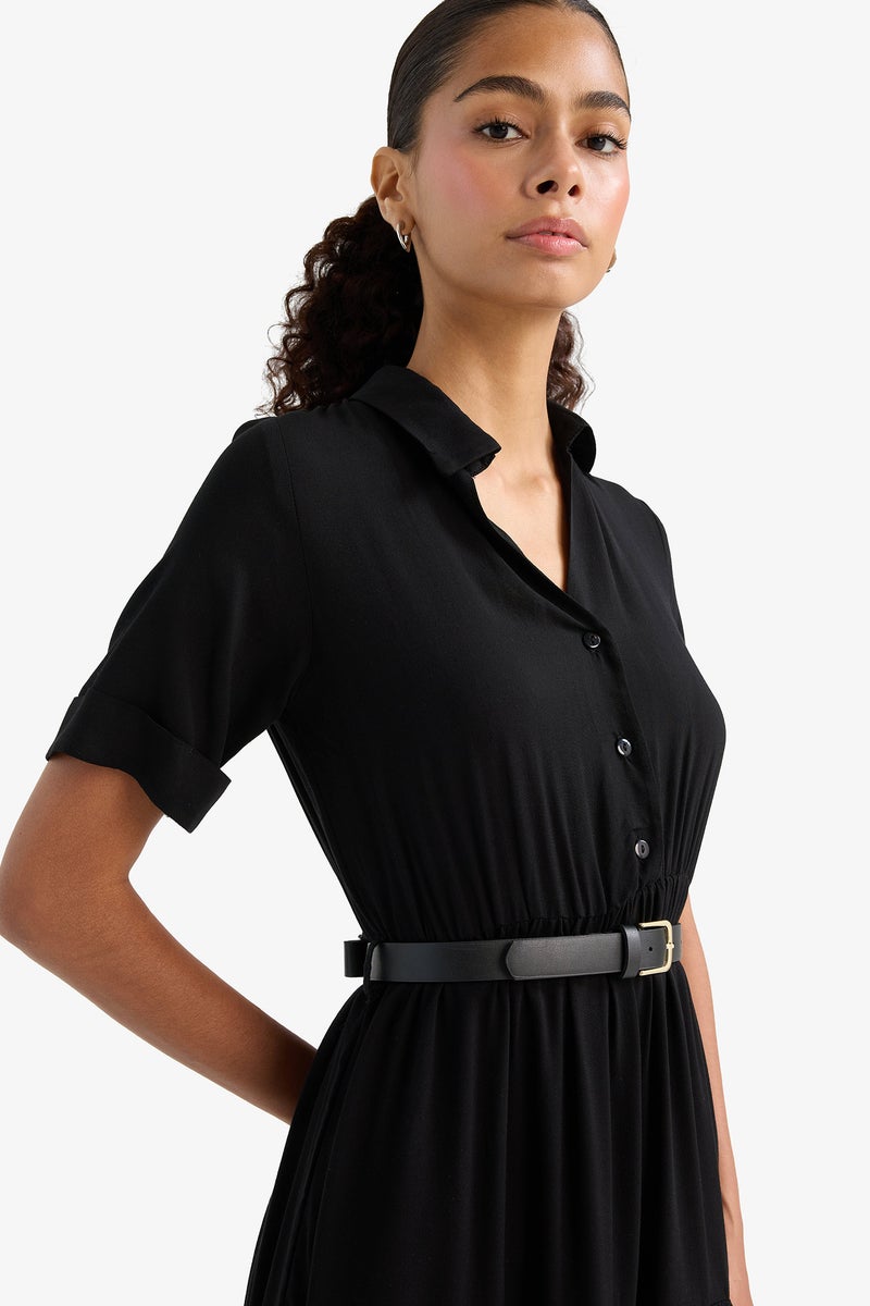 DeFacto Black Woman Shirt Collar Zebra Print Half Sleeve Dress Casual - Image 4